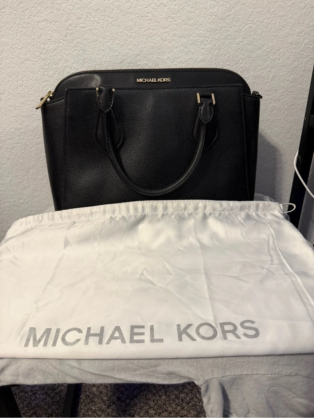 Michael Kors Black Pebbled Leather Satchel with Gold Accents